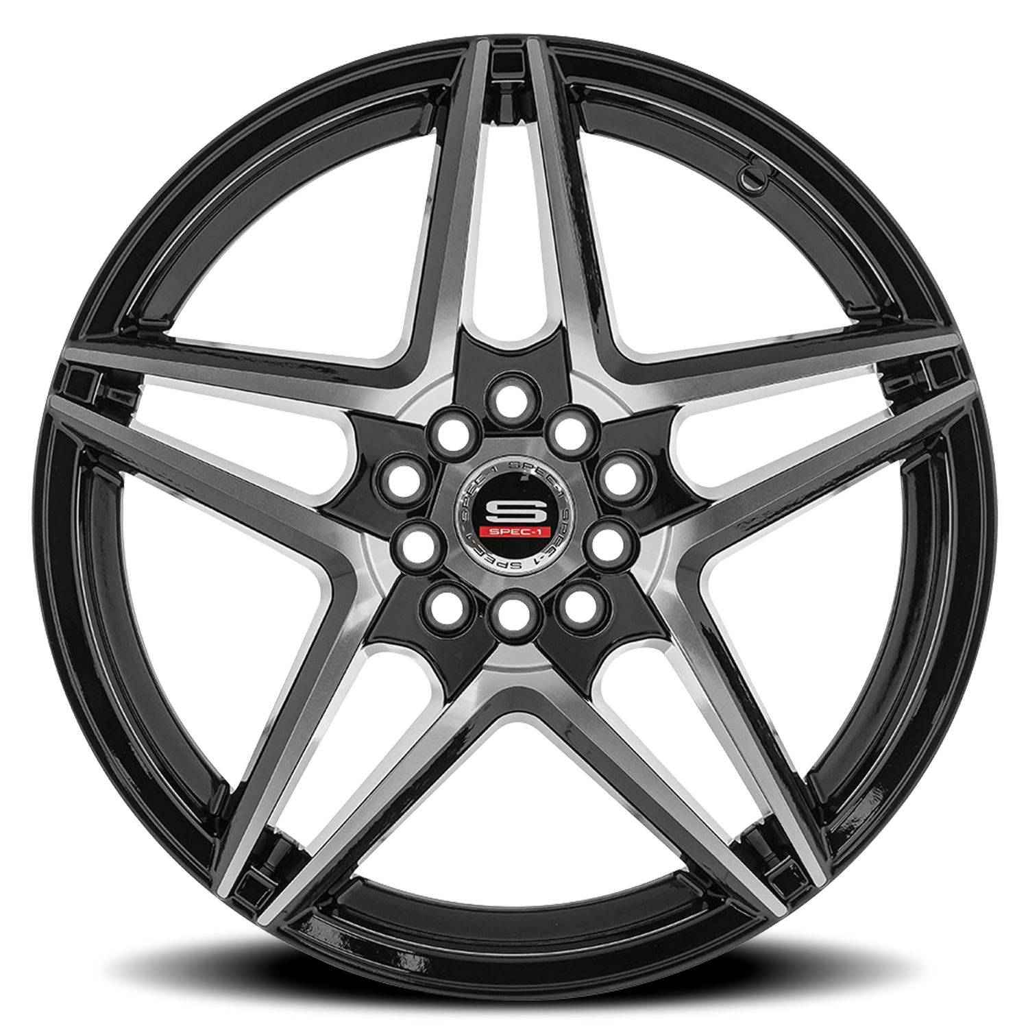 SP-54 BM custom wheel by Spec-1, featuring a gloss black and machined finish, 20" x 8.5" size, and 5-lug bolt pattern, showcasing modern design elements.