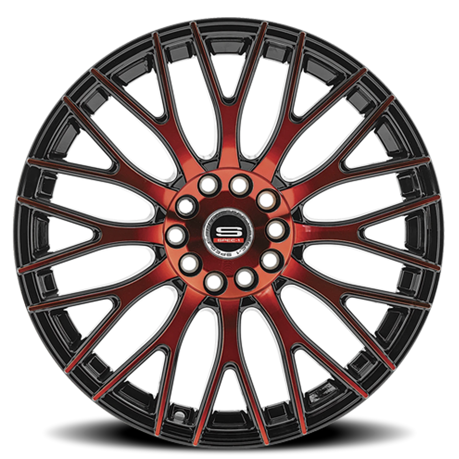 Gloss black and red machined 17-inch SP-55 GBR custom wheel with 5-lug design, showcasing intricate spoke pattern and central branding.
