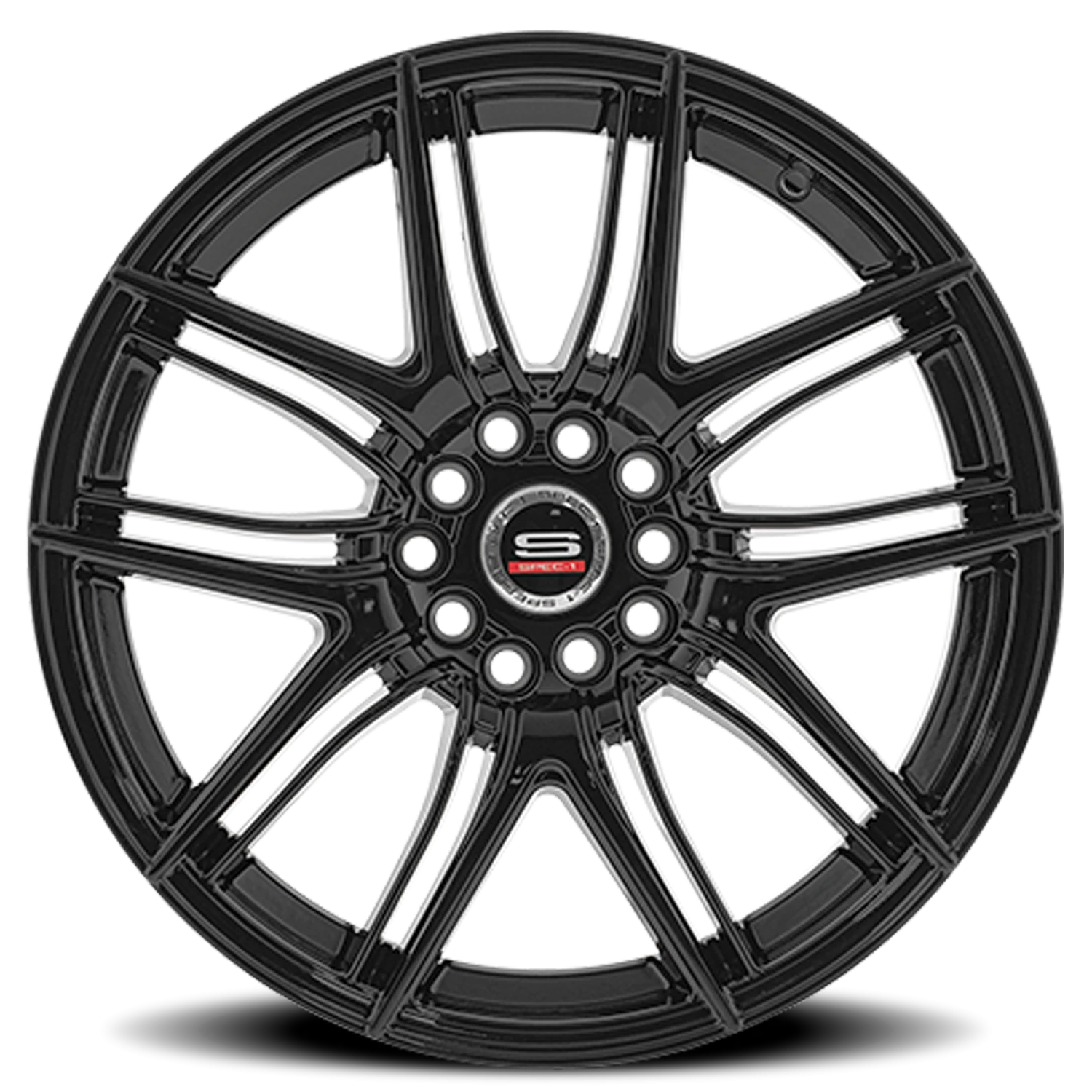 SP-56 GB custom wheel in gloss black finish, featuring an intricate multi-spoke design and central logo, ideal for automotive enthusiasts.