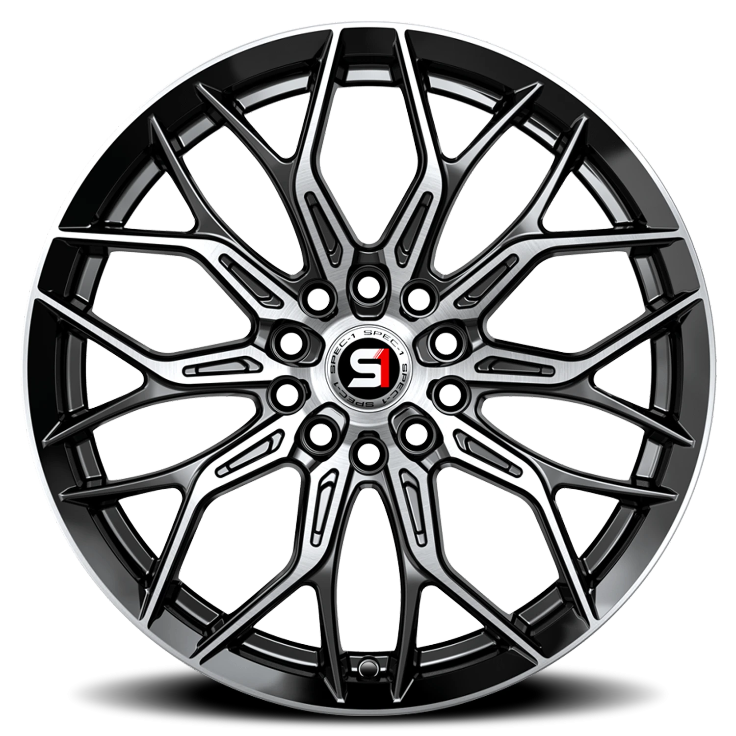 SP-57 BM custom wheel by Spec-1, featuring a gloss black and machined finish, 17-inch diameter, and intricate spoke design, ideal for enhancing vehicle style and performance.