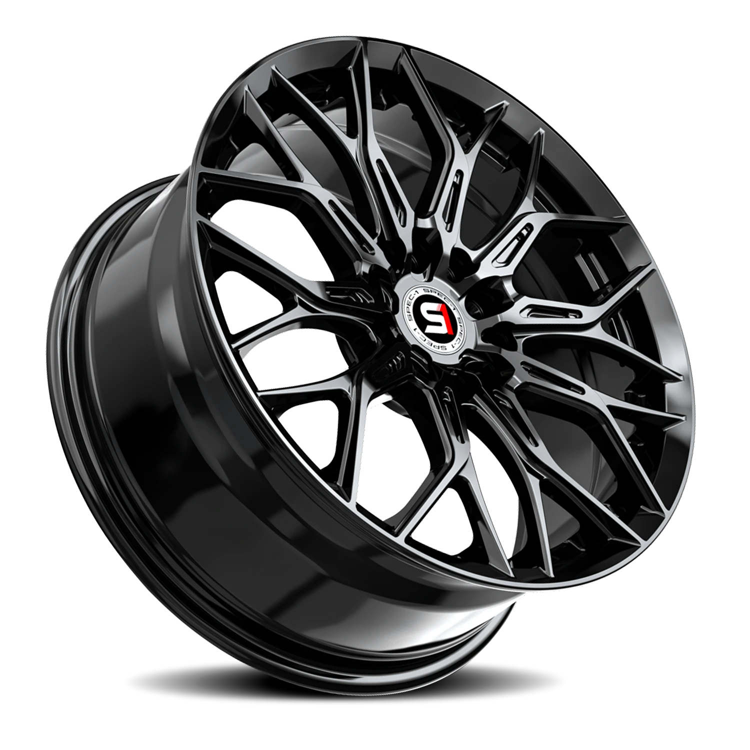 SP-57 GB custom wheel in gloss black finish, featuring an intricate multi-spoke design and central Spec-1 logo, showcasing performance and style for aftermarket vehicle upgrades.